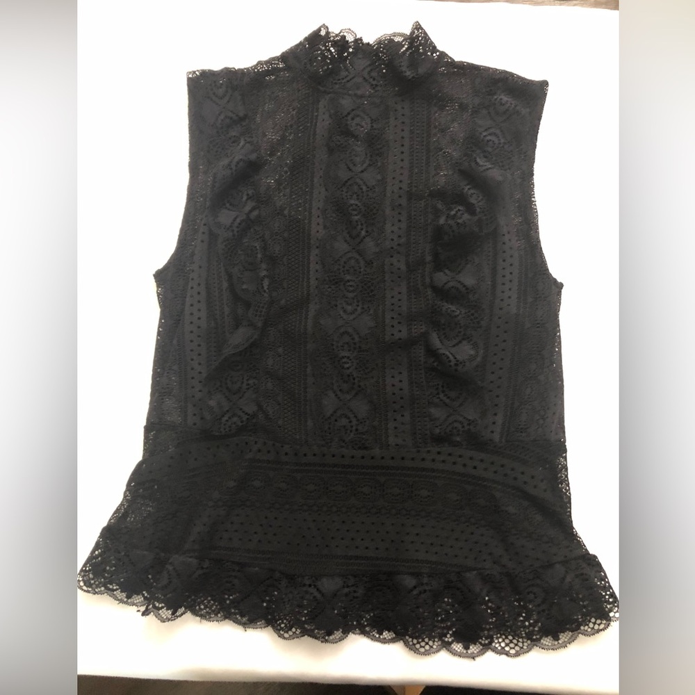 7566 Lace Detailed Black Top Women’s High Neck Sleeveless w/ Tank Under XS